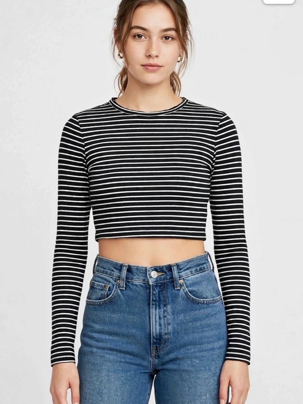 Bluenotes Striped Long Sleeve Crop Top in Black & White Size Medium